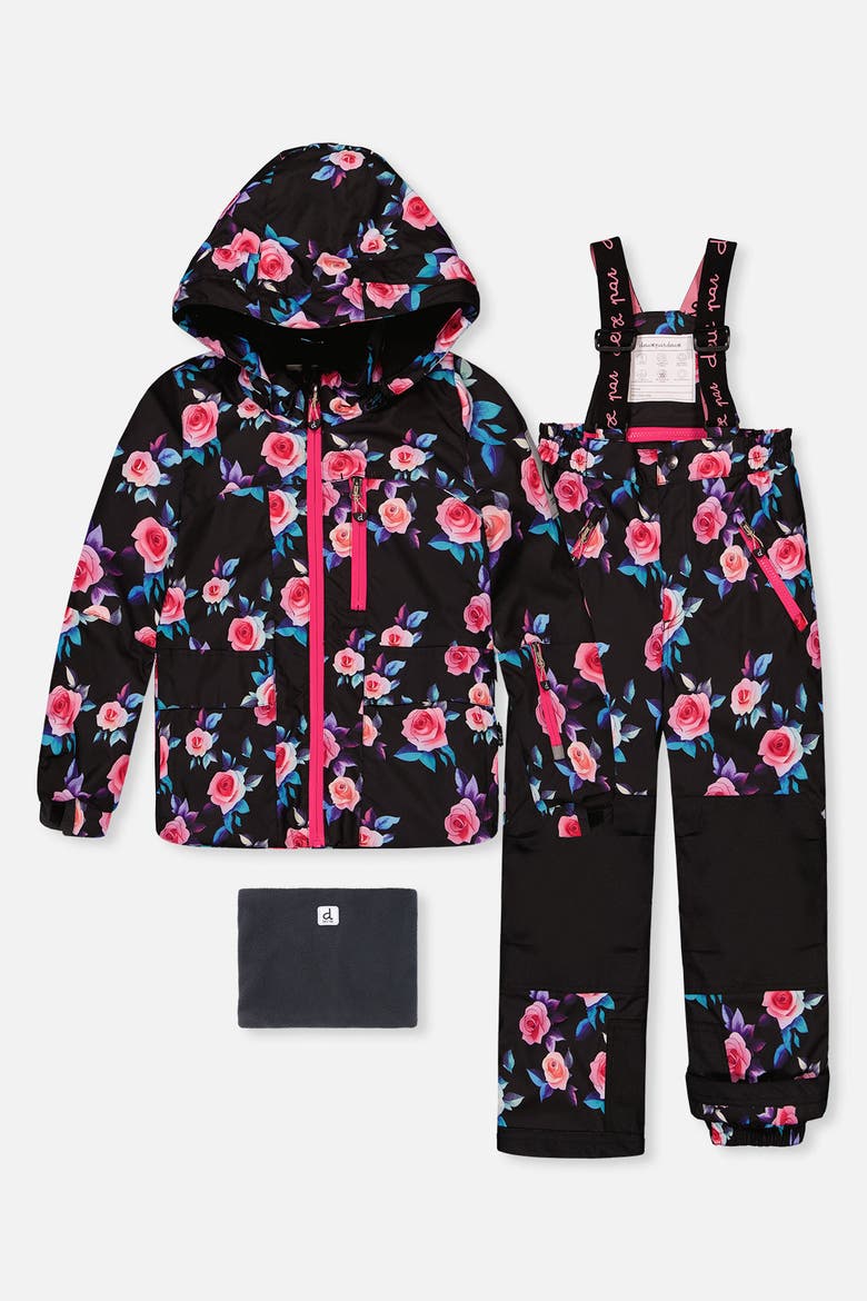 Floral Jacket & Foot Strap Pants Two Piece Snowsuit, Main, color, Black Printed with Roses