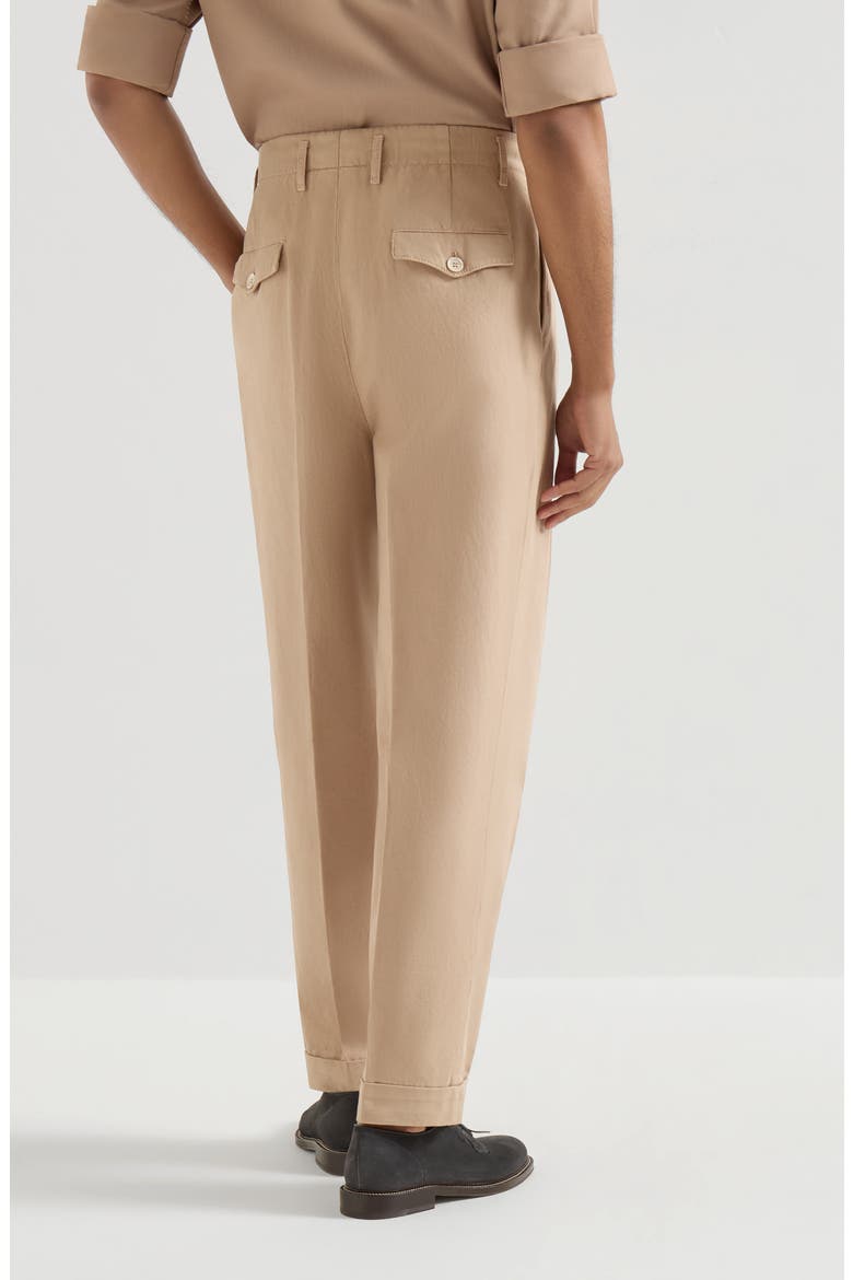 Garment-dyed trousers in cotton and linen canvas with double pleats, Alternate, color, Tobacco