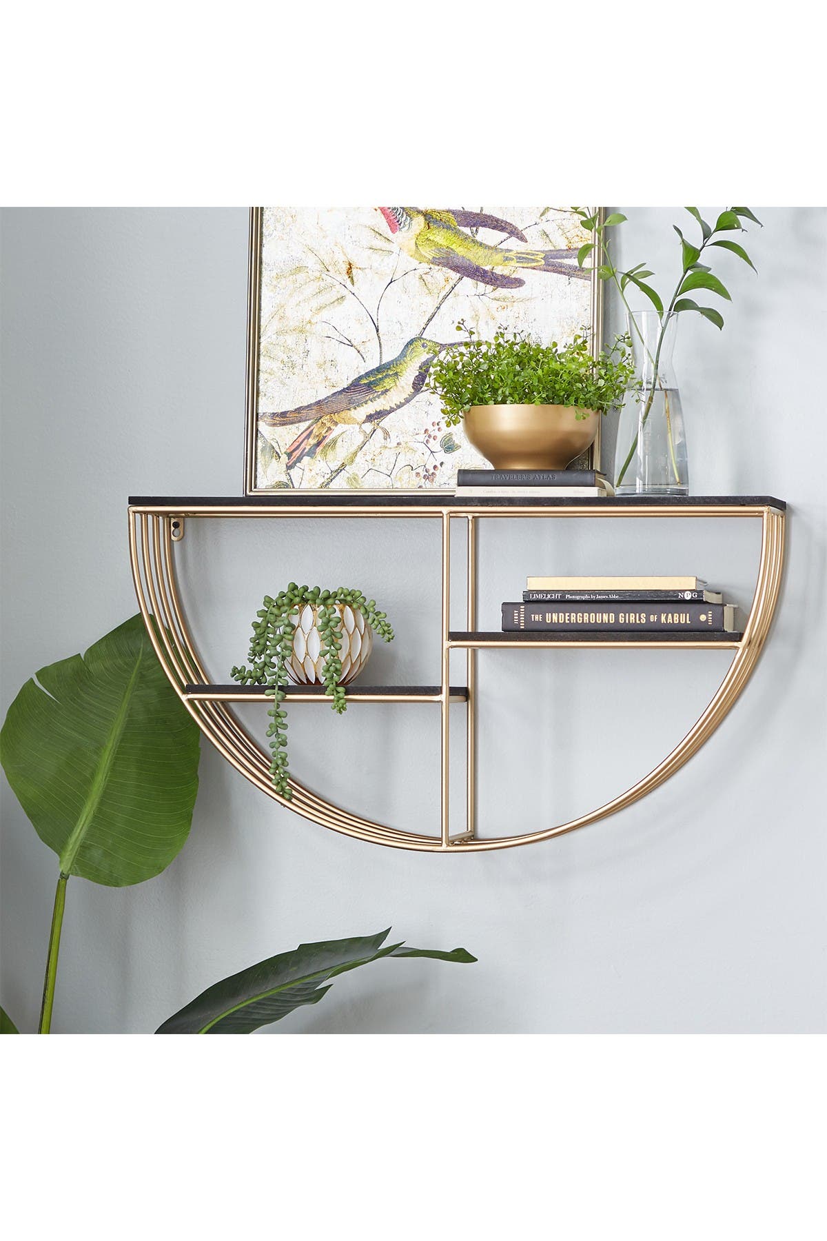 WILLOW ROW Black And Gold Metal And Wood Wall Shelf - 28" X 15.5"