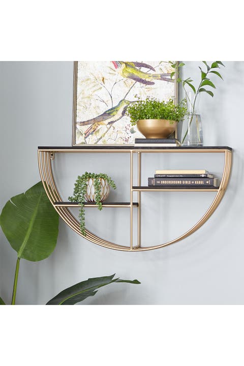 Black And Gold Metal And Wood Wall Shelf - 28" X 15.5"