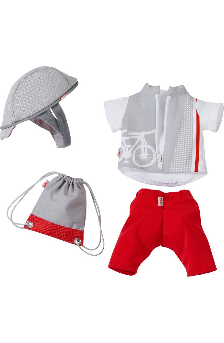 HABA Doll Clothes Set for 12 Inch Baby Dolls, Baby Dolls Accessories, Bike Time Outfit with Helmet, Leggings, Shirt, & Backpack, Main, color, 