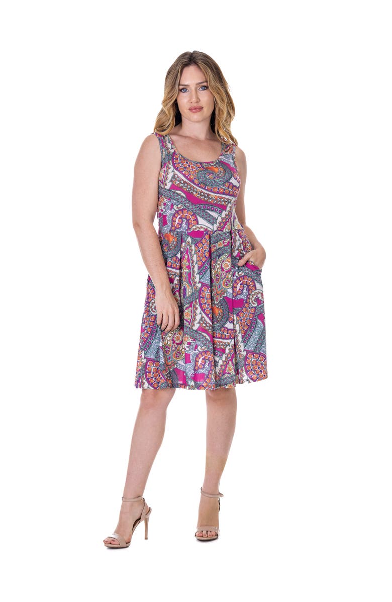 24seven Comfort Apparel Paisley Print Sleeveless Pleated Knee Length Pocket Dress, Main, color, Pink Multi