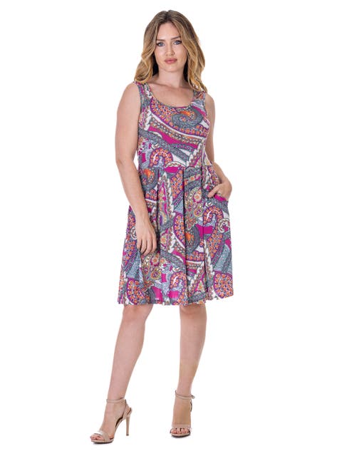 Paisley Print Sleeveless Pleated Knee Length Pocket Dress