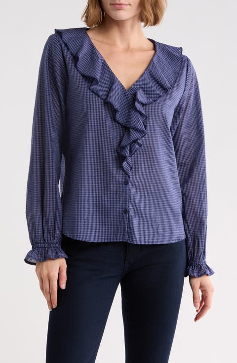 Ruffled Neck Plaid Top