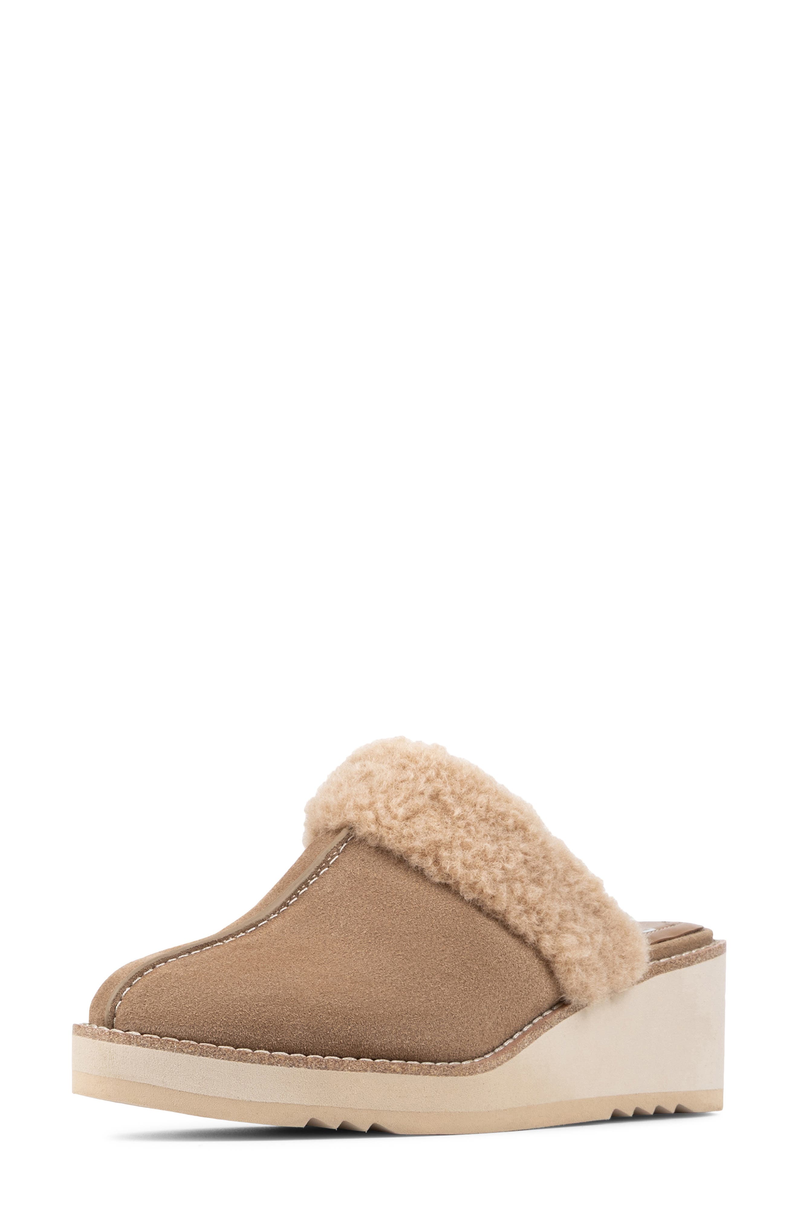 Elate Faux Shearling Trim Wedge Mule, Alternate, color, TOBACCO