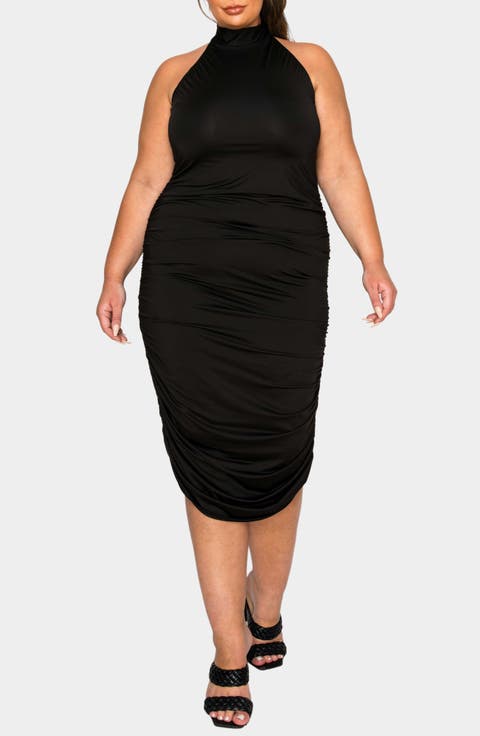 Izzy Ruched Midi Halter Dress (Plus)
