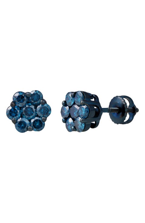 Blue Diamond Floral Stud Earrings