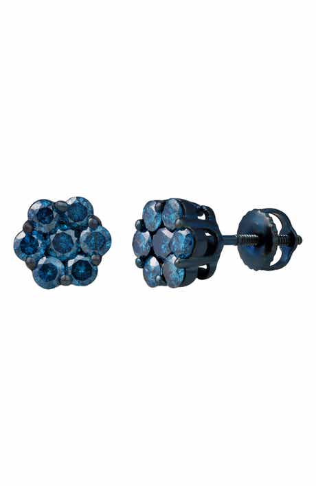 LuvMyJewelry Blue Diamond Floral Stud Earrings