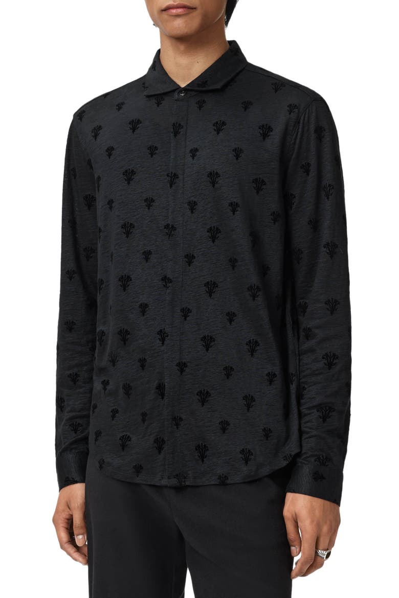 Anselmo Flocked Modal Knit Button-Up Shirt, Alternate, color, BLACK