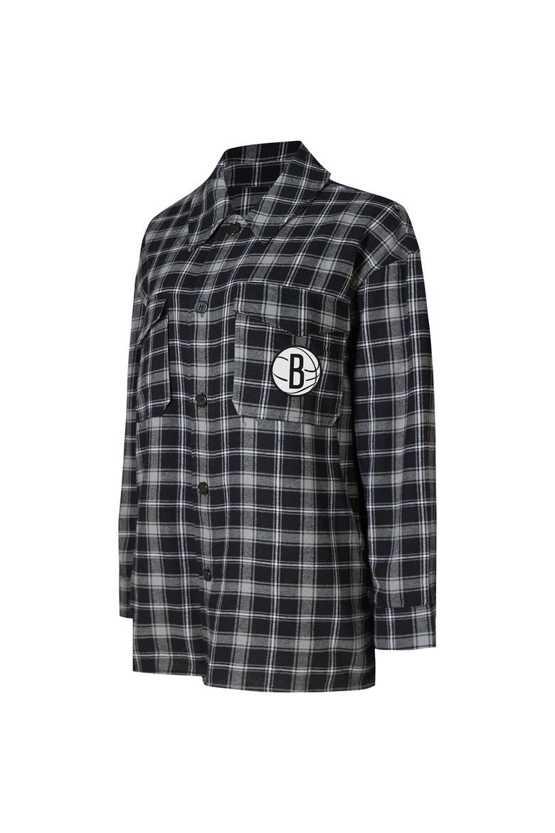 Women's College Concepts Black/Gray Brooklyn Nets Boyfriend Button-Up Nightshirt, Alternate, color, Black