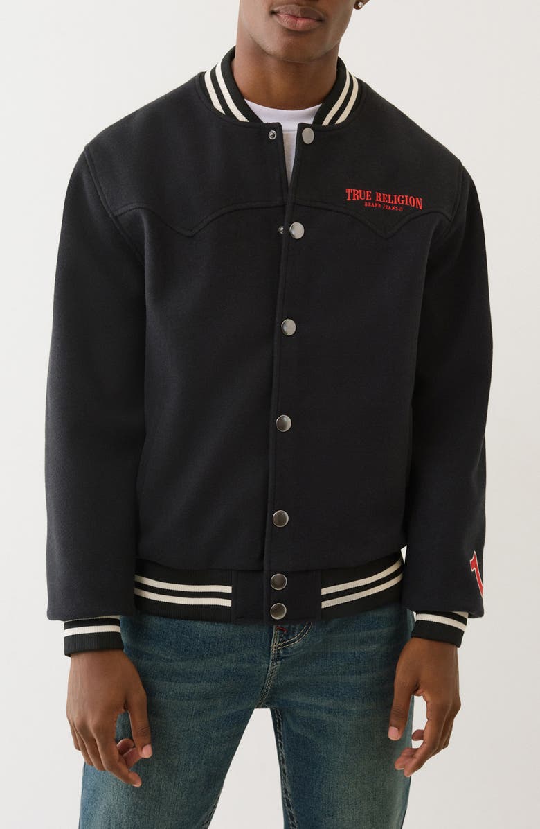 True Religion Western Varsity Jacket, Main, color, Jet Black