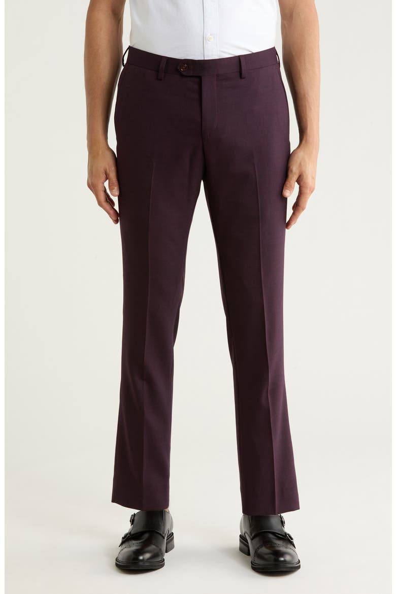 Wool Blend Slim Fit Flat Front Trousers, Main, color, BURGUNDY