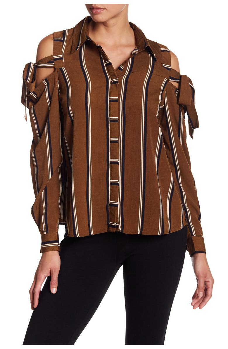 Blu Pepper Cold Shoulder Tie Stripe Shirt, Main, color, 