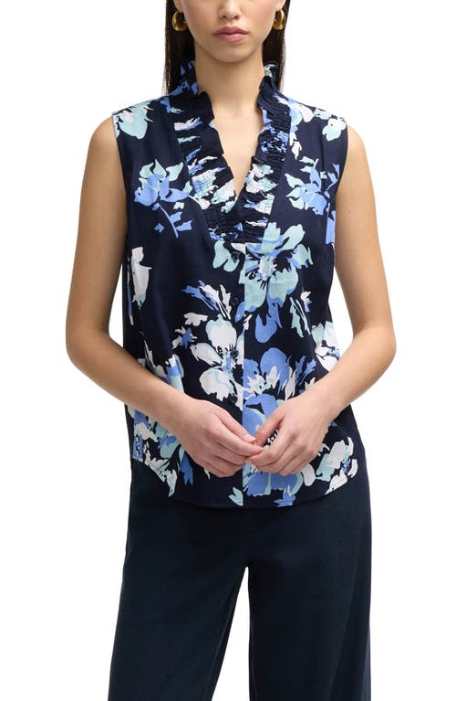 Ellen Tracy Ruffle Sleeveless Button-up Shirt In Navy Bouquet
