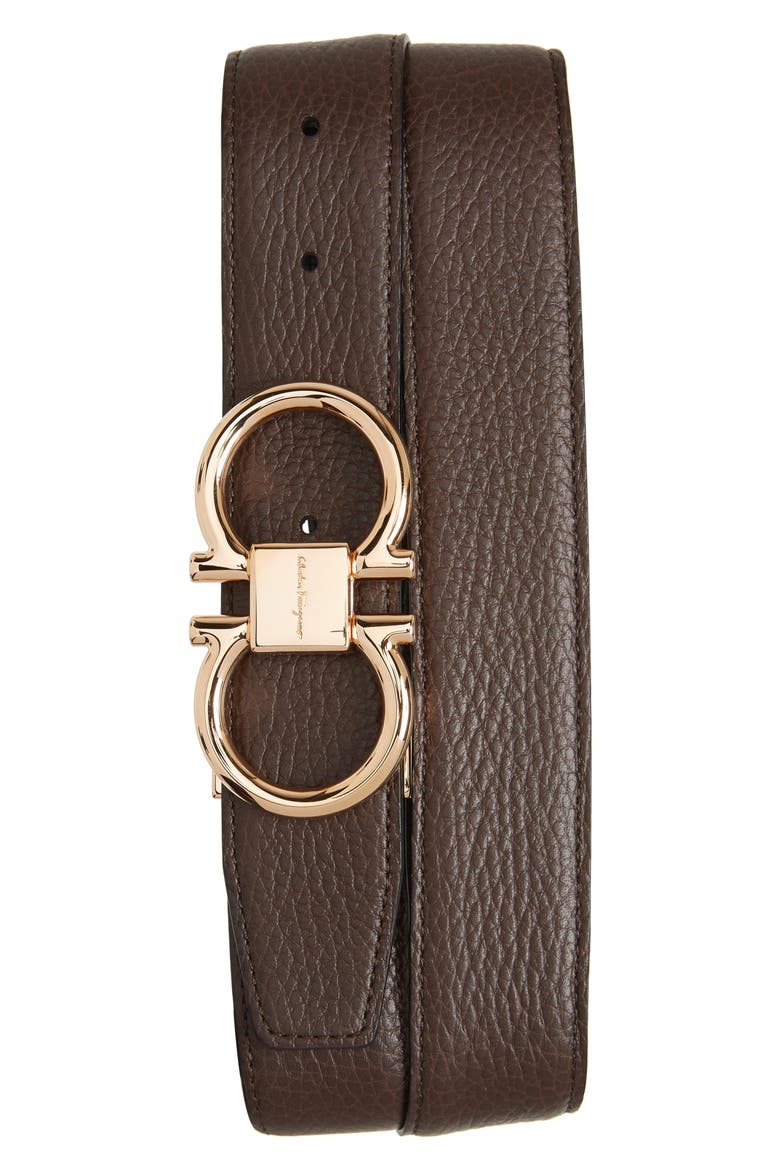 Salvatore Ferragamo Double Gancio Leather Belt, Main, color, HICKORY/ NERO