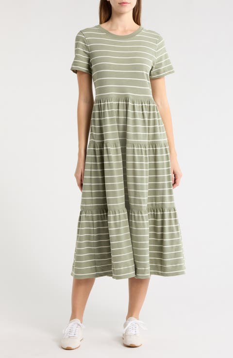Luxe Stripe Sueded Cotton Tiered Midi Dress