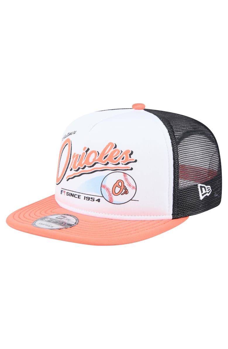 New Era Men's New Era White/Orange Baltimore Orioles Retro Script Trucker 9FIFTY Snapback Hat, Main, color, White