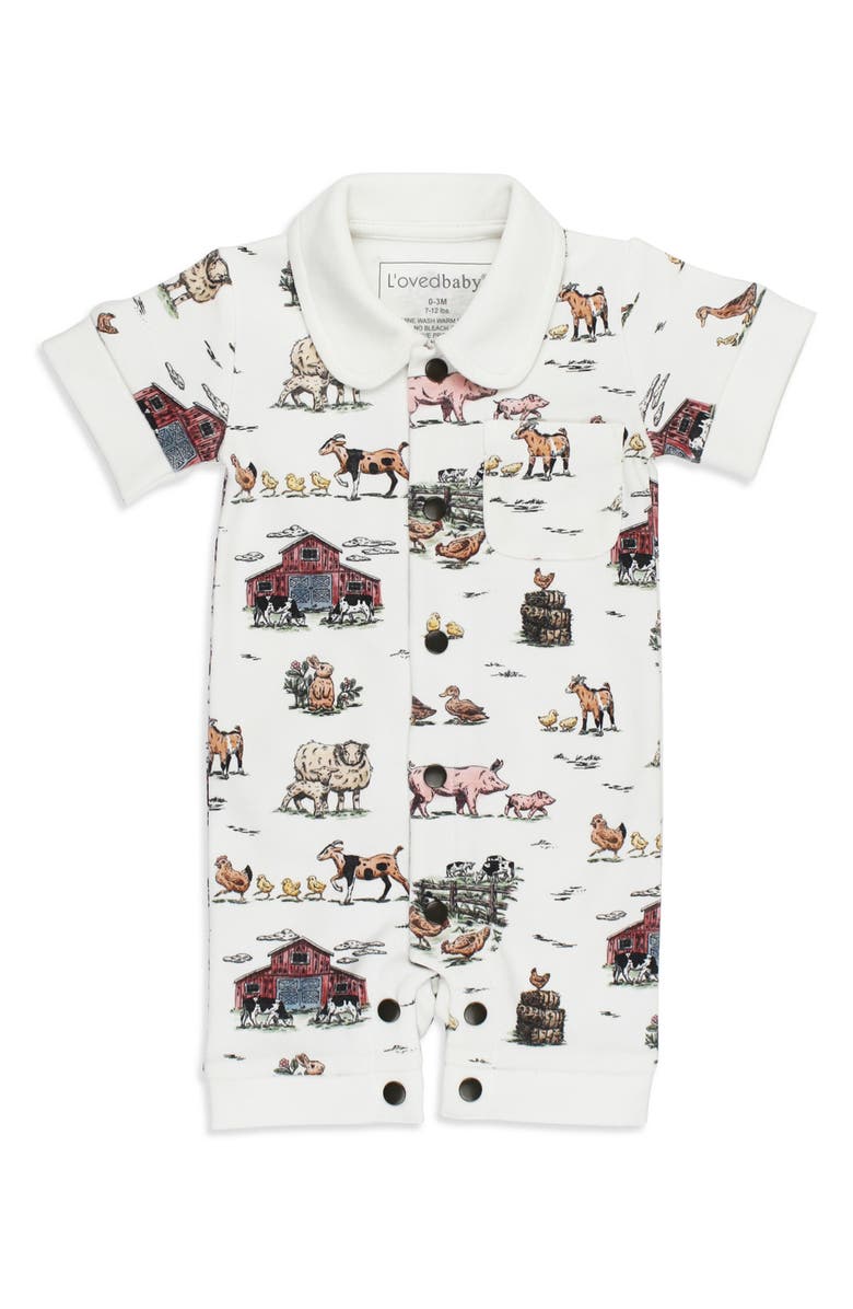L'ovedbaby Print Organic Cotton Romper, Main, color, Farm Friends