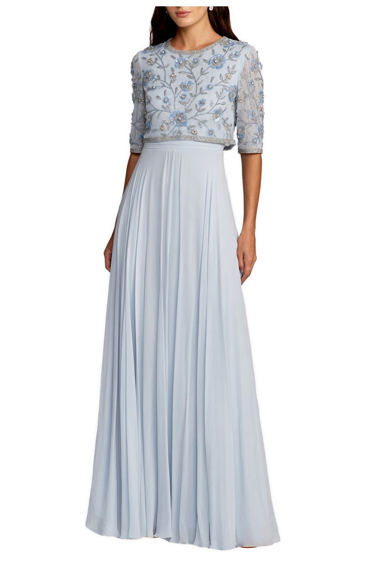 Mac Duggal High Neck Embellished Top With Chiffon Skirt Gown, Main, color, Powder Blue