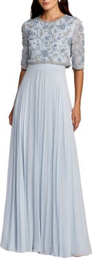 Mac Duggal High Neck Embellished Top With Chiffon Skirt Gown