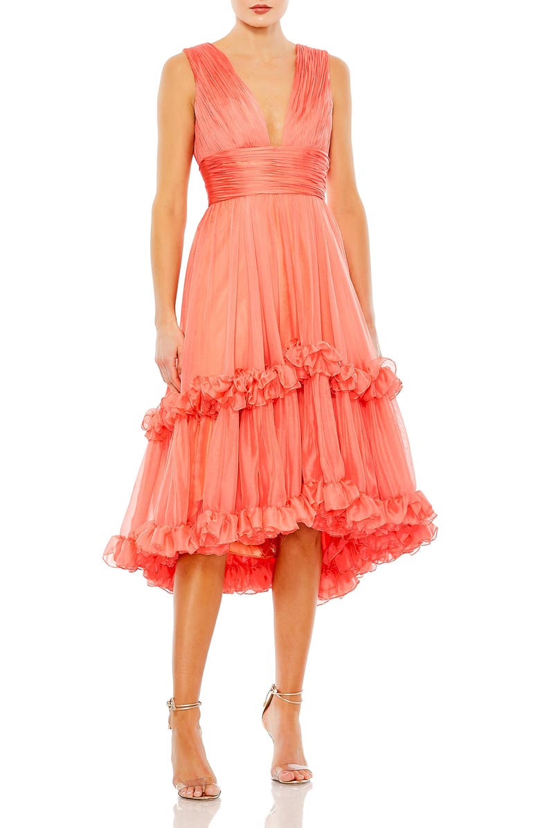 Mac Duggal Sleeveless Deep V Neck Ruffle Tiered Chiffon Dress, Main, color, Coral
