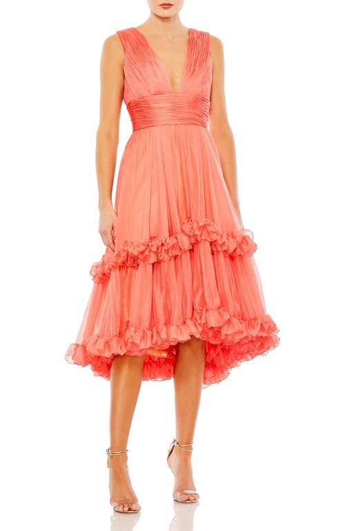 Mac Duggal Plunge Neck Tiered High-low Cocktail Dress In Coral