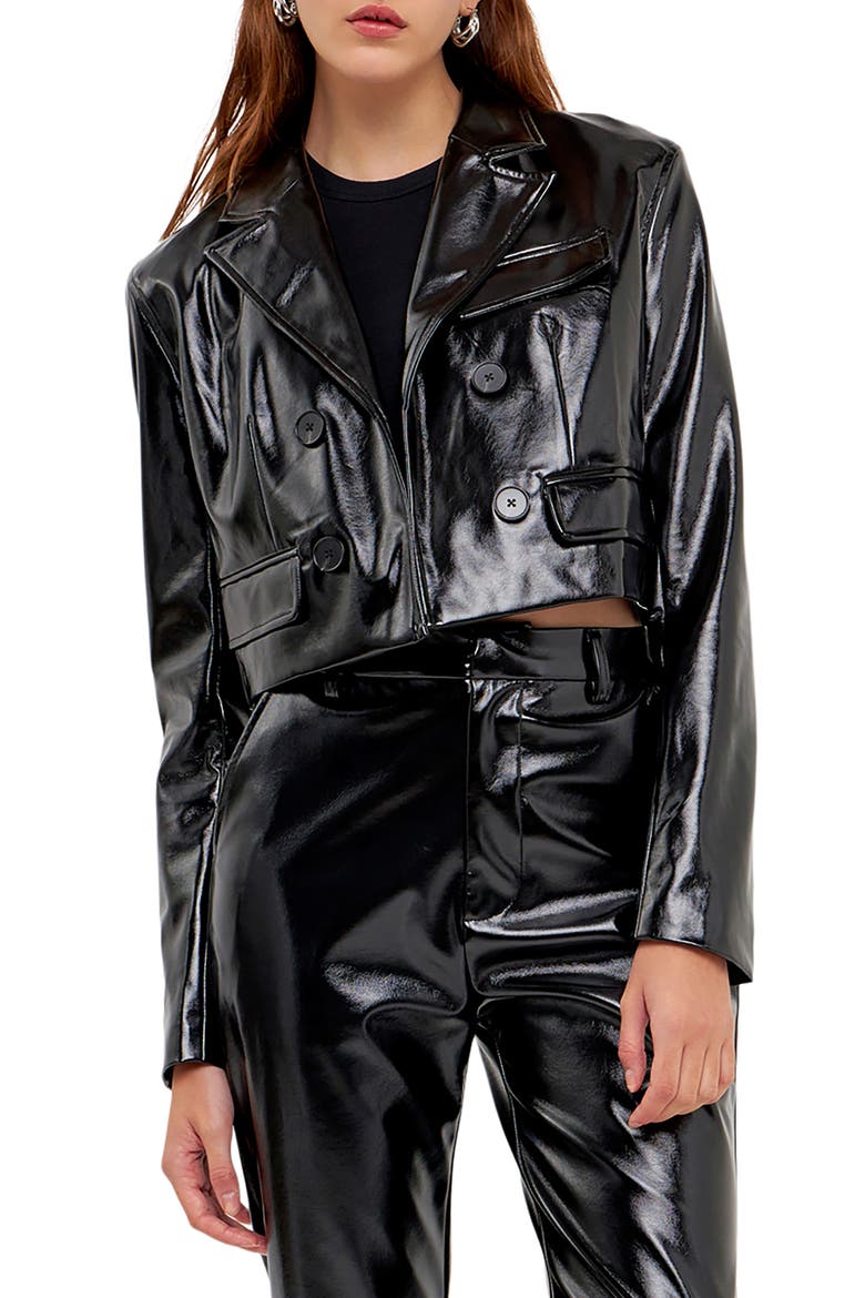 Shiny Faux Leather Crop Jacket, Main, color, BLACK