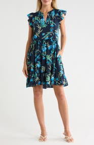 Caslon® Print Ruffle Shoulder Minidress