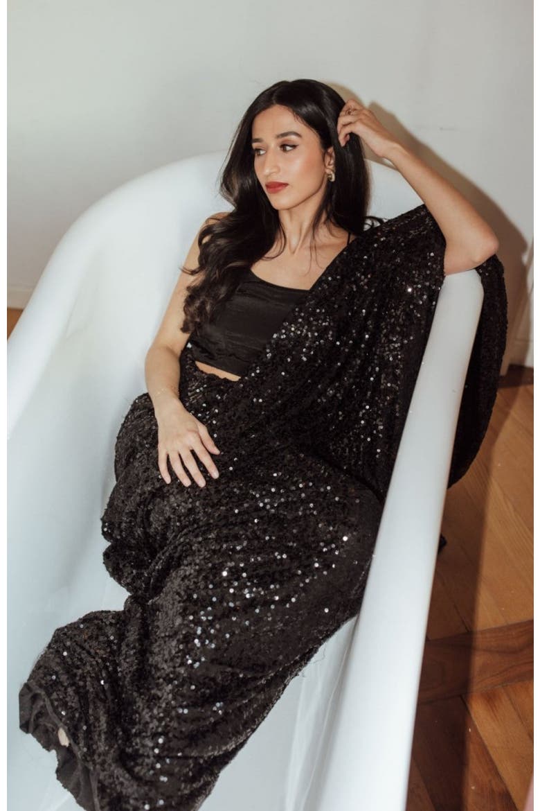 Sequins Pre-Draped Saree, Alternate, color, Black