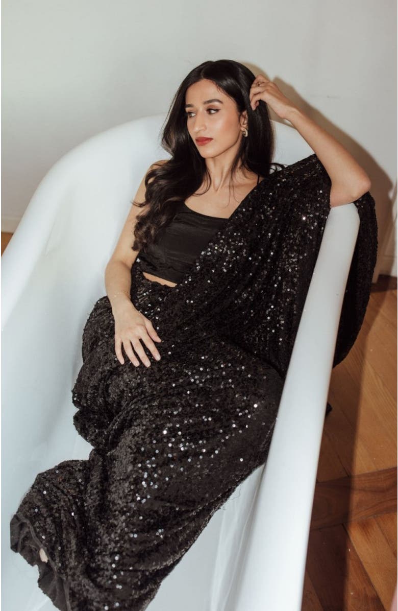 RAAS Sequins Pre-Draped Saree, Alternate, color, Black