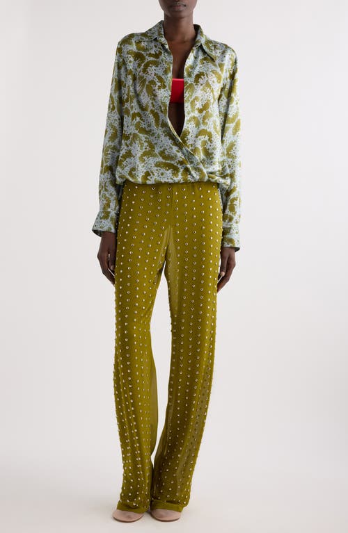 Shop Dries Van Noten Cedal Orchid Petal Print Silk Wrap Top In Khaki