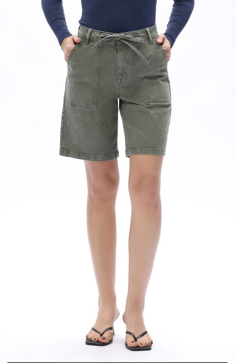 Drawstring High Waist Denim Bermuda Shorts
