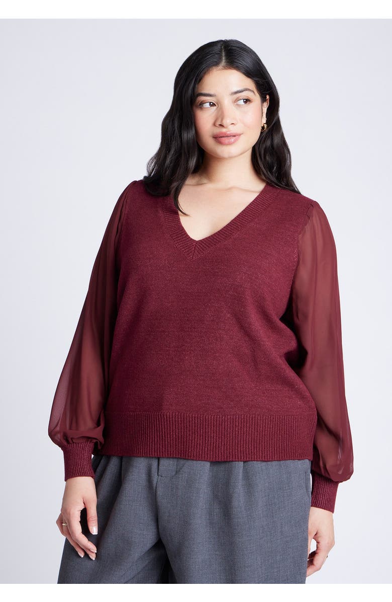 ELOQUII Sheer Sleeve V-Neck Sweater, Main, color, Bordeaux