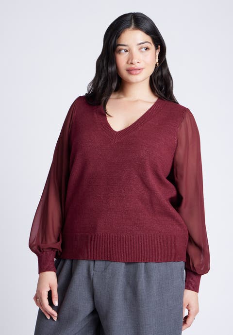 Sheer Sleeve V-Neck Sweater (Plus Available)