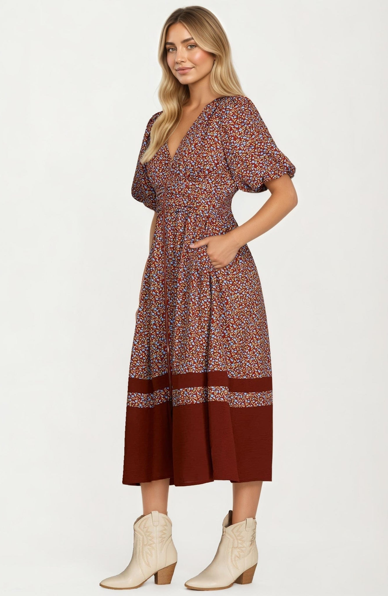 Knit and Lounge Floral Print Zip Front Midi Dress, Alternate, color, Brown / Rust Floral