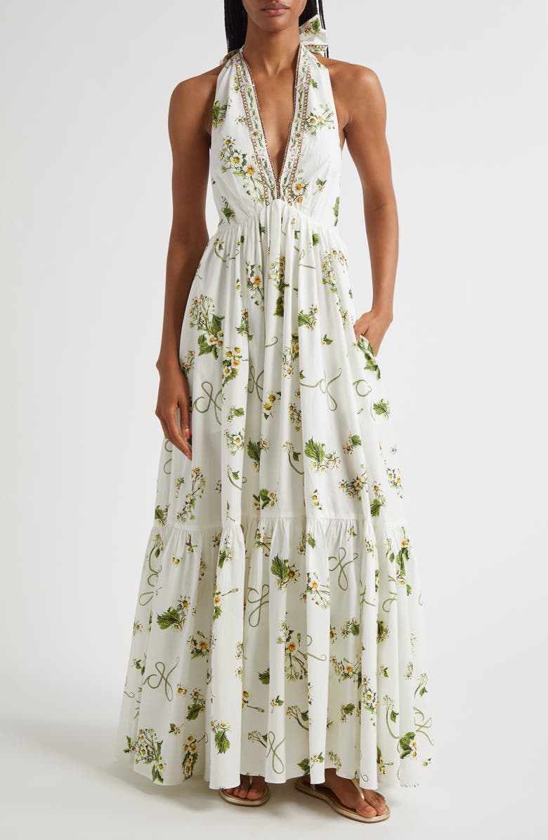 Camilla Botanical Utopia Tiered Organic Cotton Halter Maxi Dress, Main, color, Botanical Utopia