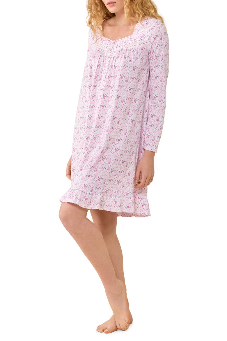 Lace Trim Long Sleeve Nightgown, Alternate, color, WHITE DAISY
