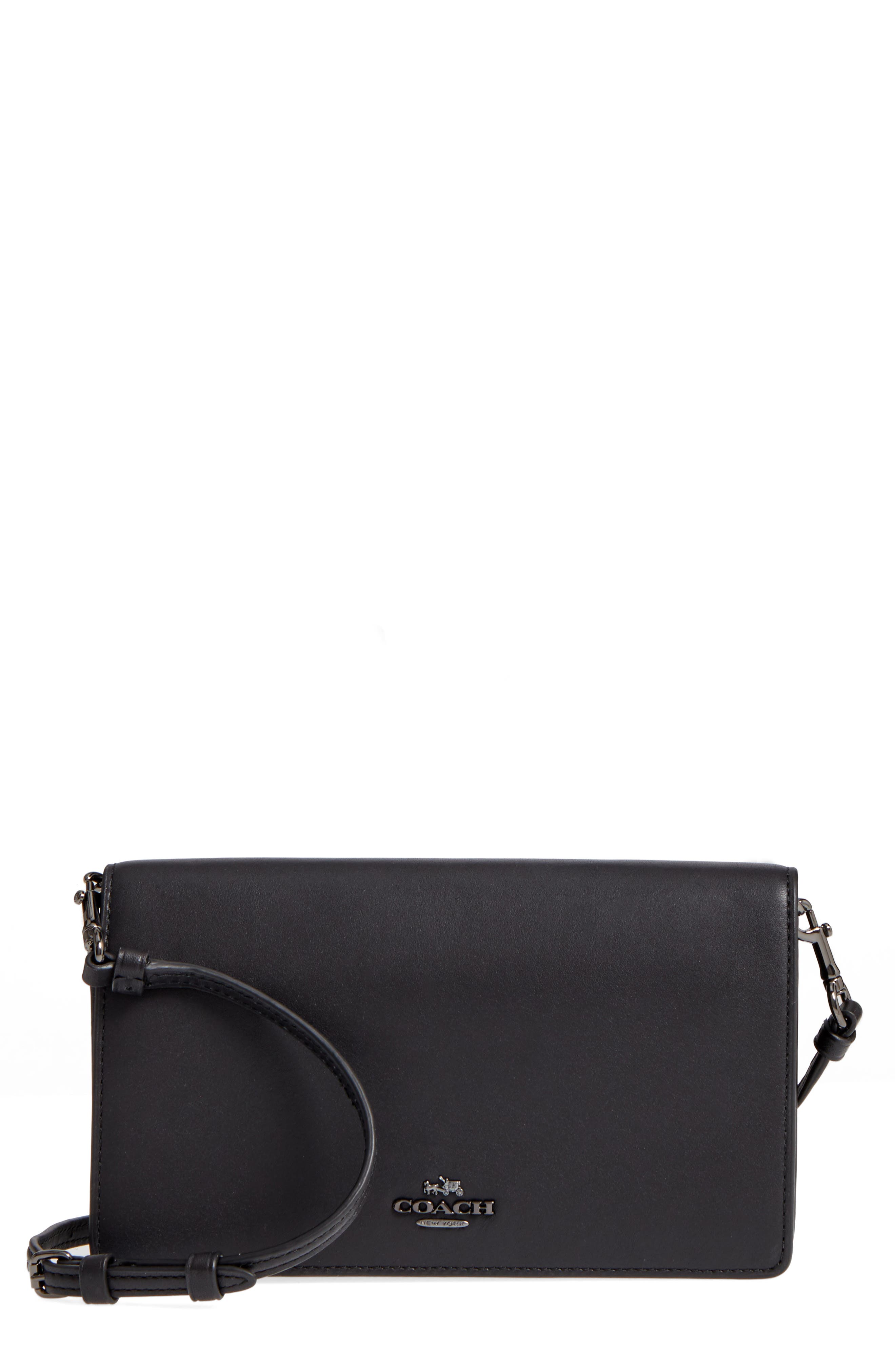 Calfskin Leather Foldover Convertible Clutch, Main, color, BLACK