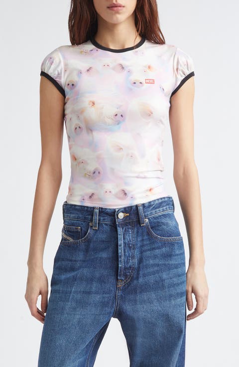 T-Unkyp Pig Print Ringer T-Shirt