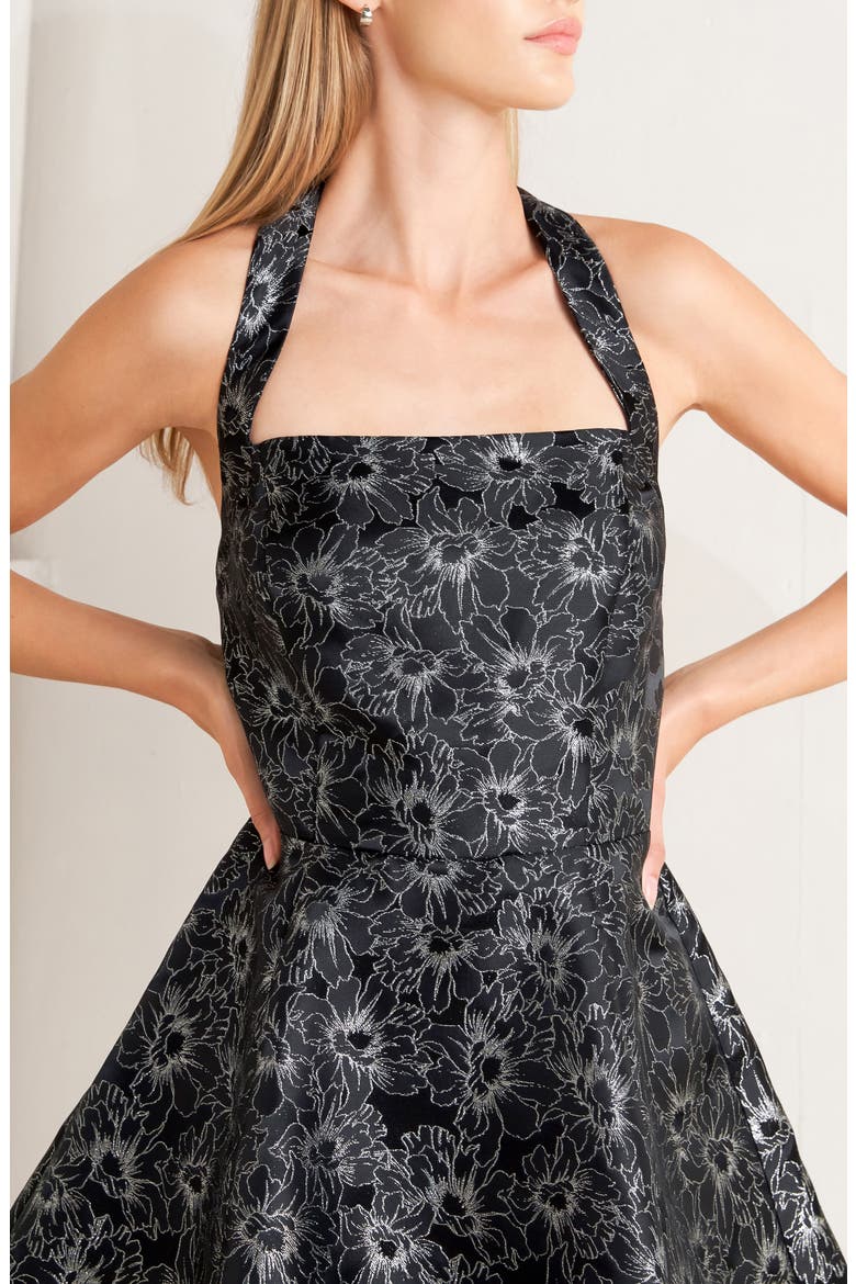 Metallic Print Halter Fit & Flare Minidress, Alternate, color, BLACK/ SILVER