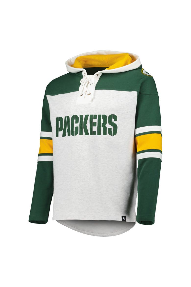 Men's '47 Green Bay Packers Heather Gray Gridiron Lace-Up Pullover Hoodie, Alternate, color, Heather Gray