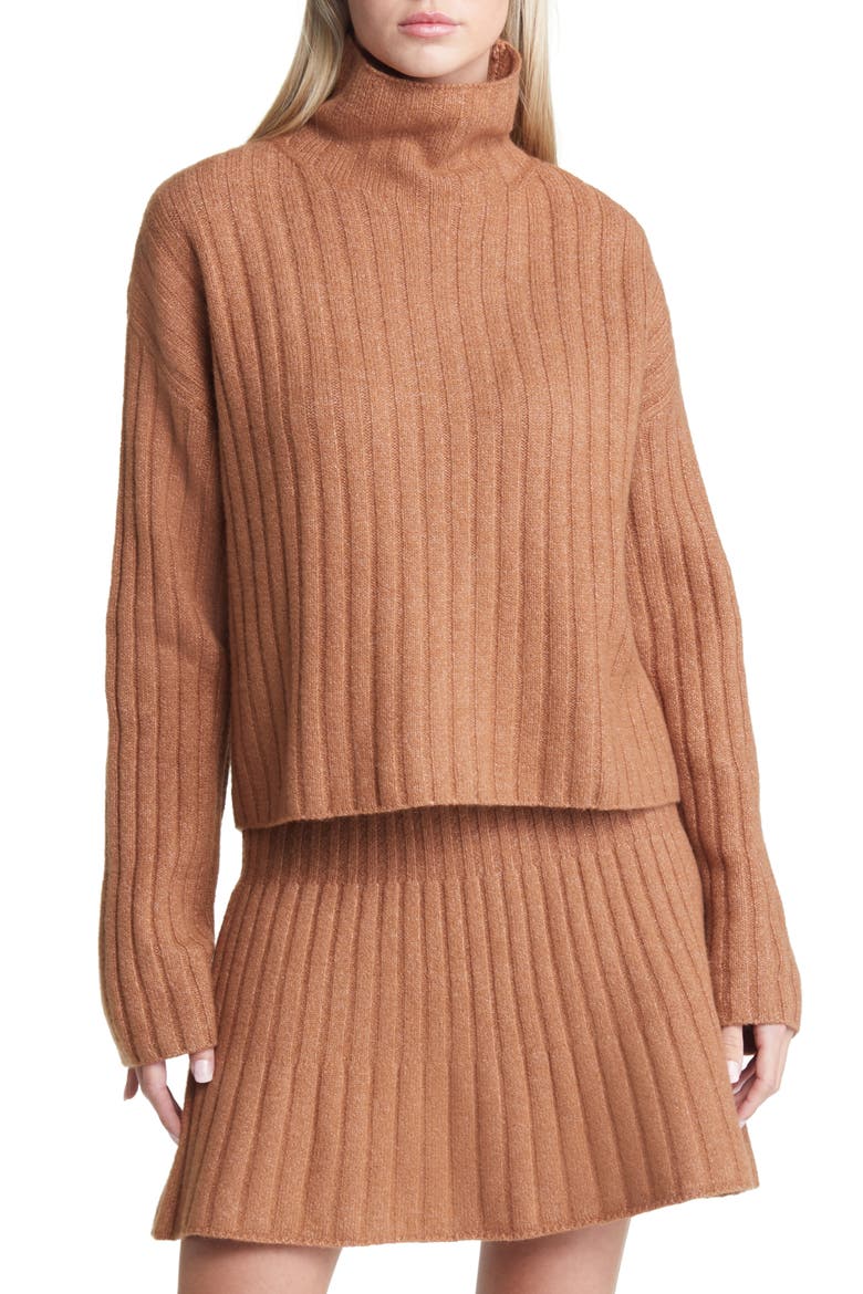 Women's Cotton Blend Rib Funnel Neck Sweater, Main, color, BROWN TOFFEE
