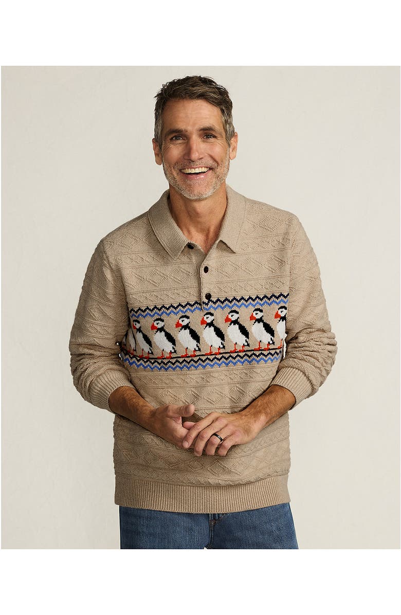 Lands' End Long Sleeve Cozy Cotton Blend Polo, Alternate, color, Puffins/Soft Driftwood Heather
