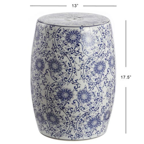 Jonathan Y Lotus Blossom 17.5" Chinoiserie Ceramic Drum Garden Stool In Blue/white