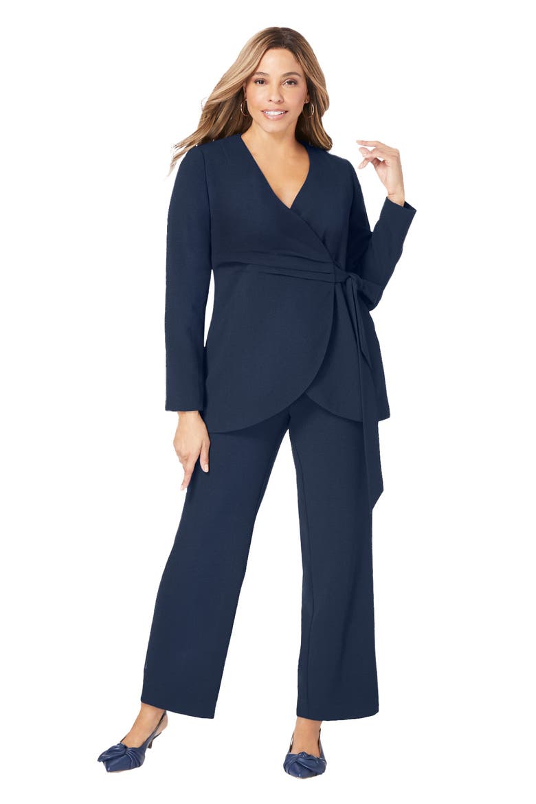 2-Piece Faux Wrap Pantsuit, Main, color, NAVY