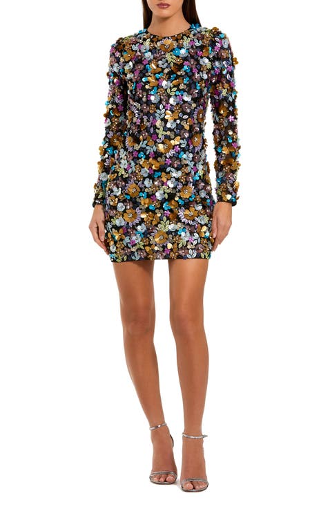 Embellished 3D Sequin Long Sleeve Mini Dress