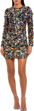 Mac Duggal Embellished 3D Sequin Long Sleeve Mini Dress