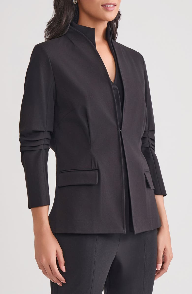 Misook Ruched Sleeve Ponte Jacket, Main, color, Black
