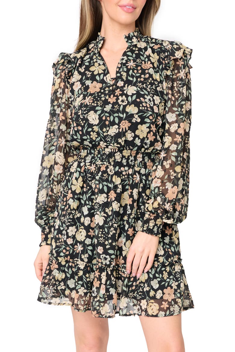 Daphne Long Sleeve Button Front Minidress, Alternate, color, BLACK MULTI FLORAL