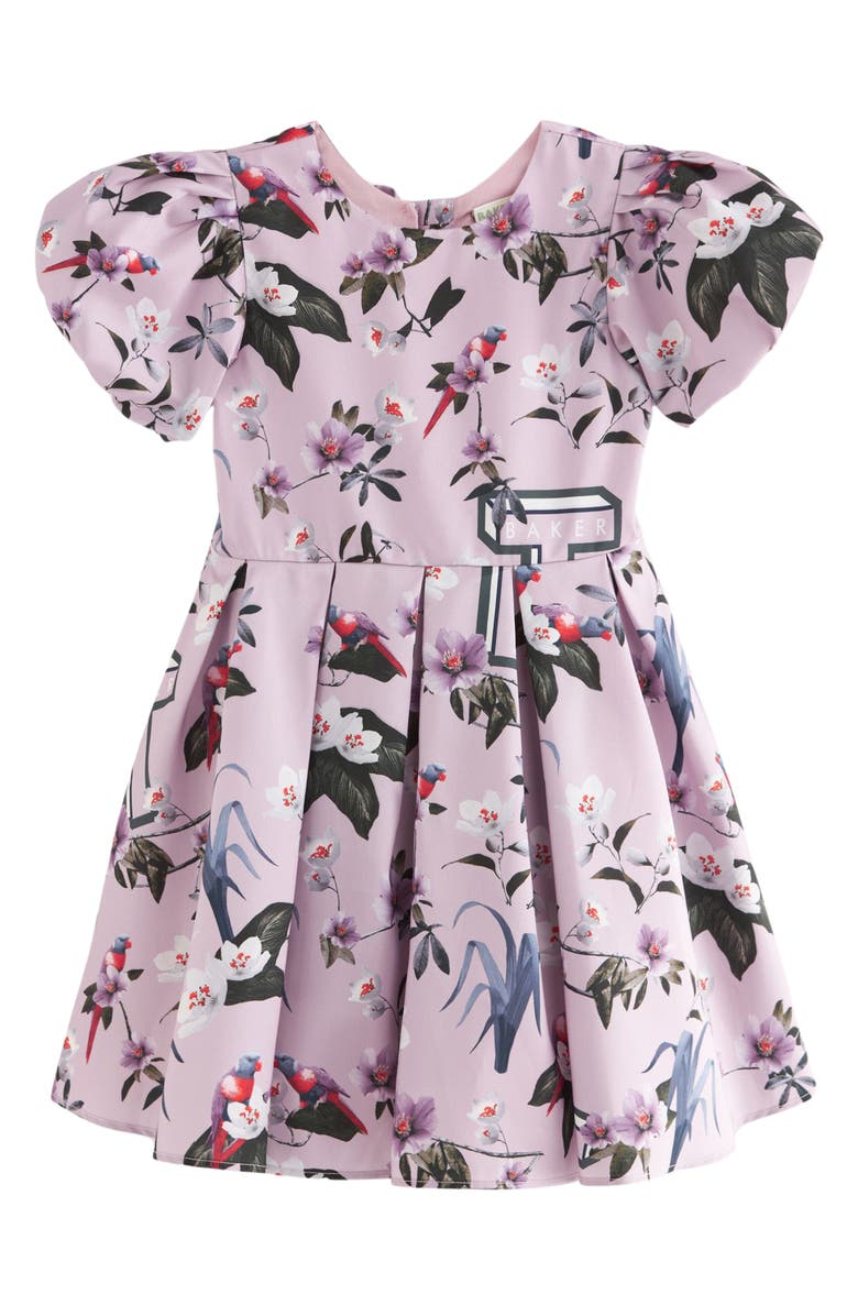 Baker by Ted Baker Kids' Floral Puff Sleeve Cutout Dress, Main, color, Purple